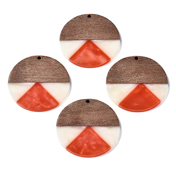 Resin & Walnut Wood Pendants, Flat Round, Tomato, 38x3mm, Hole: 2mm