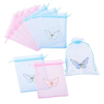 20Pcs 2 Colors Organza Drawstring Bags, Candy Storage Bags, Rectangle with Butterfly, Mixed Color, 18x13x0.02cm, 10pcs/color