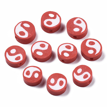 Handmade Polymer Clay Beads, Flat Round with Yin Yang, Red, 9~10x9~10x4~7mm, Hole: 2mm