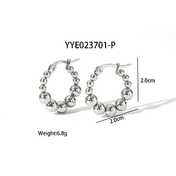304 Stainless Steel Round Beaded Hoop Earrings for Women, Stainless Steel Color, 20x20mm