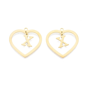 201 Stainless Steel Pendants, Hollow, Heart with Letter A~Z, Real 18K Gold Plated, Letter.X, 29x29.5x1mm, Hole: 2mm, A~Z: 12x8~10.5x1mm