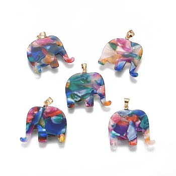 Resin Pendants, with Brass Finding, Elephant, Golden, Colorful, 27x27x2.5mm, Hole: 4x5mm