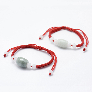 Natural Myanmar Jade/Burmese Jade Braided Bead Bracelets, Red String Bracelets, with Nylon Cord, Barrel, Red, 1-5/8 inch(42.5mm)