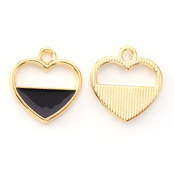 Alloy Enamel Pendants, Heart, Light Gold, Black, 16x15x2mm, Hole: 1.8mm