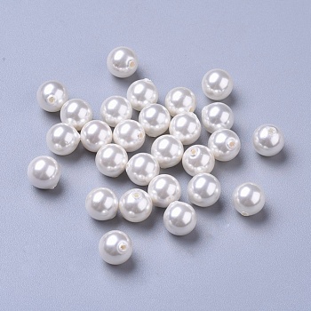 Shell Pearl Beads, Half Drilled Beads, Polished, Round, White, 8mm, Hole: 1mm