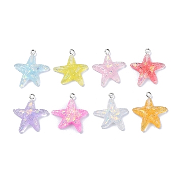Transparent Resin Pendants, Star Charms with Paillettes and Platinum Plated Iron Loops, Random Color, 28~29x24~25x5mm, Hole: 2mm