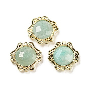 Natural Amazonite Faceted Connector Charms, Rack Plating Golden Plated Brass Oval Links, 23x23.5x6~6.5mm, Hole: 1.5mm