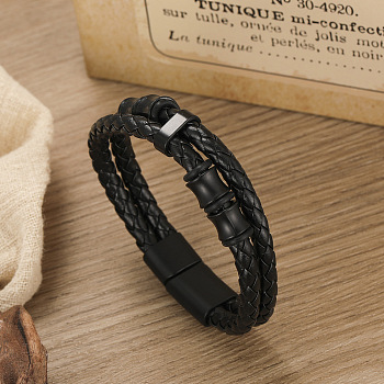Imitation Leather Double Layer Multi-strand Bracelets, with Alloy Magnetic Clasp, Black, 8-1/4 inch(21cm)