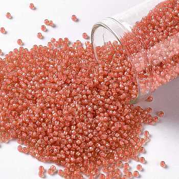 TOHO Round Seed Beads, Japanese Seed Beads, (956) Inside Color Jonquil/Coral Lined, 15/0, 1.5mm, Hole: 0.7mm, about 15000pcs/50g