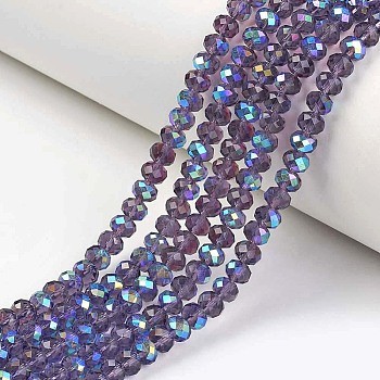 Electroplate Glass Beads Strands, Half Rainbow Plated, Faceted, Rondelle, Indigo, 3.5x3mm, Hole: 0.4mm, about 123~127pcs/strand, 13.7~14.1 inch(35~36cm)