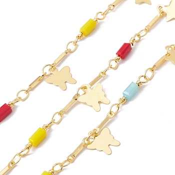 Handmade Eco-friendly Brass Butterfly & Star Charms Chain, with Glass Rectangle Beaded, Real 18K Gold Plated, Lead Free & Cadmium Free, Soldered, with Spool, Colorful, 14x2.5x2.5mm, 8.5x1x1mm