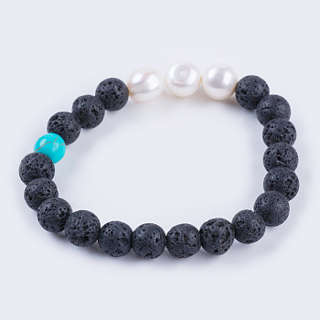 Natural Lava Rock Stretch Bracelets, with Pearl Beads and Synthetic Turquoise, 2-1/8 inch(53mm)