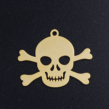201 Stainless Steel Pendants, Pirate Style Skull, Golden, 12x15x1mm, Hole: 1.5mm