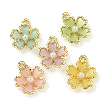 Alloy Resin Pendants, with ABS Imitation Pearl, Lead Free & Cadmium Free, Flower, Golden, Mixed Color, 16x13x4mm, Hole: 1.4mm