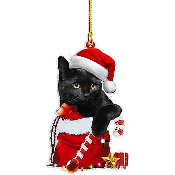 Christmas Cat Shape Acrylic Pendant Decoration, with Nylon Rope and Iron Bell, for Car Rear View Mirror Hanging Ornament, Bag, 79.5x48.5x4mm, Hole: 2.5mm