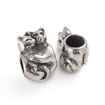 304 Stainless Steel European Beads, Large Hole Beads, Lover Cat, Antique Silver, 15x10.5x7.8mm, Hole: 4.8mm
