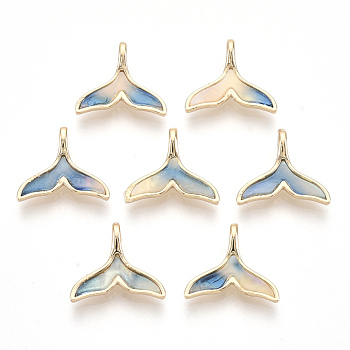 Golden Tone Brass Pendants, with Cellulose Acetate(Resin), Whale Fishtail, Light Sky Blue, 12x14x4mm, Hole: 2mm