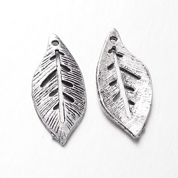 Tibetan Style Alloy Pendants, Lead Free & Nickel Free, Leaf, Antique Silver, 25x11x1.5mm, Hole: 1mm