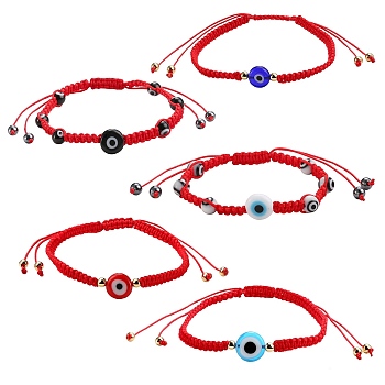 5Pcs 5 Styles Adjustable Nylon Thread Braided Bead Bracelets, with Evil Eye Lampwork Beads, Non-Magnetic Synthetic Hematite Beads, Brass Beads and Velvet Bags, Mixed Color, 1pc/style