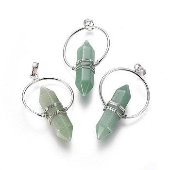 Natural Green Aventurine Wire Wrapped Pointed Big Pendants, Double Terminated Pointed, with Brass Findings, Bullet, Platinum, 53~55x30~32x11.5mm, Hole: 7.5x4mm
