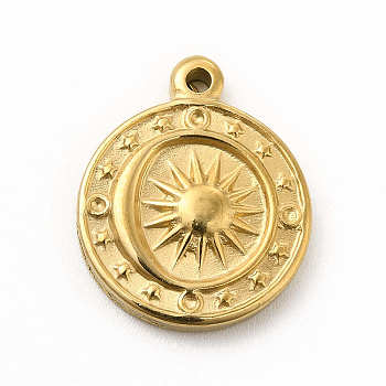 304 Stainless Steel Pendants, Flat Round with Sun & Moon Charms, Golden, 18.5x15x2.5mm, Hole: 1.5mm
