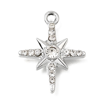 UV Plating Alloy Crystal Rhinestone Pendants, Star Charms, Platinum, 27x17.5x2mm, Hole: 1.8mm