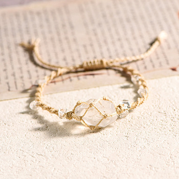 Natural Quartz Crystal Braided Bead Bracelet, Waxed Polyester Cord Adjustable Bracelet, 11-3/4~15-3/4 inch(30~40cm)