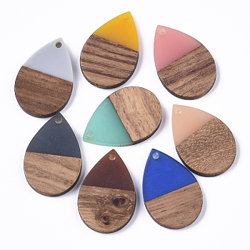 Resin & Walnut Wood Pendants, Waxed, Teardrop, Mixed Color, 28x19x3.5mm, Hole: 2mm