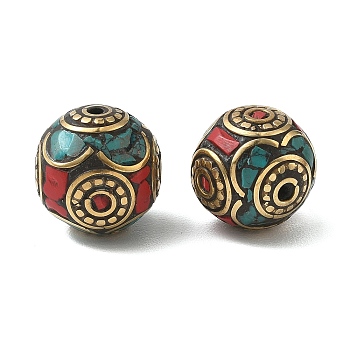 Handmade Tibetan Style Beads, Round, Brass Beads, with Synthetic Turquoise, Antique Golden, 17~18x16~17.5mm, Hole: 1.8~2mm
