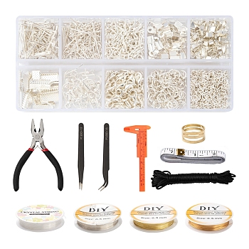 Jewelry Making Tool Sets, Including Pliers, Tape Measure, Vernier Caliper, Brass Rings, Tweezers, Nylon Cord, Copper Wire, Elastic Thread, Alloy Clasps and Iron Findings, Mixed Color, about 1162pcs/set