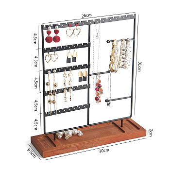 Multi Levels Rectangle Iron Earring Display Stand, Jewelry Display Rack, with Wood Findings Foundation, Black, 9.5x30x31cm