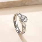 304 Stainless Steel & Rhinestone Finger Rings, Flat Round, Stainless Steel Color, Crystal, US Size 7(17.3mm)(WG87391-03)