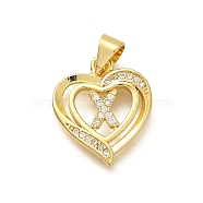 Rack Plating Brass Micro Pave Cubic Zirconia Pendants, Long-Lasting Plated, Lead Free & Cadmium Free,Real 18K Gold Plated, Heart with Letter Charms, Letter X, 17.5x15x2.5mm, Hole: 5x3mm(KK-L226-101G-X)