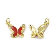 Brass Micro Pave Cubic Zirconia Pendants, with Jump Ring, Enamel Style, Butterfly Charm, Golden, Red, 19.5x16.5x3mm, Hole: 3mm(KK-E068-VB324-2)