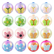 16Pcs 8 Styles UV Plating Rainbow Iridescent Acrylic Beads, with Enamel, Round with Butterfly & Flower, Mixed Color, 17x16x15.5mm, Hole: 2.8mm, 2pcs/style(PACR-TA0001-07)