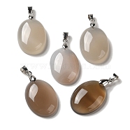 Natural Grey Agate Pendants, Oval Charms with Rack Plating Platinum Plated Brass Snap on Bails, 30x21.5~22x6~6.5mm, Hole: 6x4mm(G-Z055-03P-06)