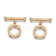 Brass Micro Pave Clear Cubic Zirconia Toggle Clasps, Nickel Free, Ring, Real 18K Gold Plated, Ring: 15x13x2mm, Bar: 21x4.5x2mm, Jump Ring: 5x1mm, 3mm inner diameter(KK-Q278-015-NF)