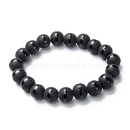 Frosted Glass Beads Stretch Bracelets, Round with Circle Pattern, Black, Beads: 9x10mm, Inner Diameter: 1-7/8 inch(4.9cm)(BJEW-I296-09D)
