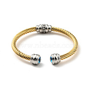Rhinstone Open Cuff Bangle, Golden 304 Stainless Steel Jewelry for Women, Blue Zircon, Inner Diameter: 2-1/4 inch(5.65cm)(BJEW-D449-03GP-01)