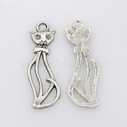 Tibetan Style Alloy Kitten Pendants, Hollow, Cat Shape, Antique Silver, Lead Free and Cadmium Free, 34x12x2mm, Hole: 3mm(LF10383Y)