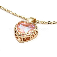 Heart Glass Pendant Necklaces, with Light Gold Brass Cable Chains, Pink, 15.94 inch(40.5cm)(NJEW-E105-08KCG)