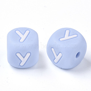 Food Grade Eco-Friendly Silicone Beads, Horizontal Hole, Chewing Beads For Teethers, DIY Nursing Necklaces Making, Letter Style, Cube, Light Sky Blue, Letter.Y, 10x10x10mm, Hole: 2mm(SIL-R011-10mm-02Y)