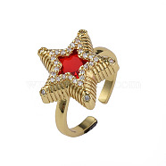 Cubic Zirconia Star Open Cuff Ring, Real 18K Gold Plated Brass Jewelry for Women, Nickel Free, Red, US Size 8 1/4(18.3mm)(RJEW-N035-126C)