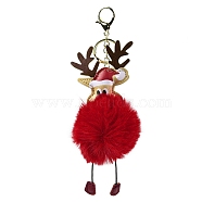 Imitation Rex Rabbit Fur & PU Leather Christmas Reindeer Pendant Keychain, with Alloy Clasp, for Bag Car Pendant Decoration, FireBrick, 21.2cm(KEYC-K018-03KCG-02)