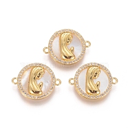 Brass Micro Pave Cubic Zirconia Links connectors, with Shell, Flat Round with Virgin Mary, Clear, Golden, 15x20x3mm, Hole: 1.4mm(KK-I656-36G)
