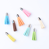 Faux Suede Tassel Pendant Decorations, with Brass Cord Ends, Platinum, Mixed Color, 33~34x7mm, Hole: 2mm(X-FIND-T004-A)