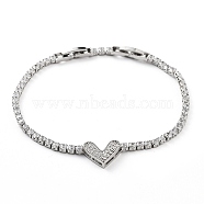 Platinum Brass Link Bracelet, with Cubic Zirconia Tennis Chains, Long-Lasting Plated, Heart, 7-7/8 inch(19.9cm)(BJEW-C055-05I-P)