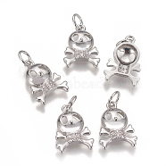 Brass Micro Pave Cubic Zirconia Charms, Long-Lasting Plated, Halloween Theme, Skull, Clear, Platinum, 14.5x10.5x3.5mm, Hole: 3.5mm(KK-K238-10P)
