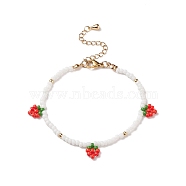 Glass Seed Braided Strawberry Charms Bracelet for Women, Red, 7-5/8 inch(19.5cm), Pendants: 10x8.5x3mm(BJEW-TA00140-01)