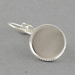 Brass Leverback Earring Findings, with Flat Round Tray, Silver Color Plated, Tray: 20mm, 33x21mm, Pin: 0.8mm(MAK-S004-20mm-EY001S)